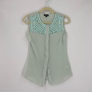 Network Women’s Crew Neck Hidden Button Front Mesh Shoulder Sheer Blouse XS Mint